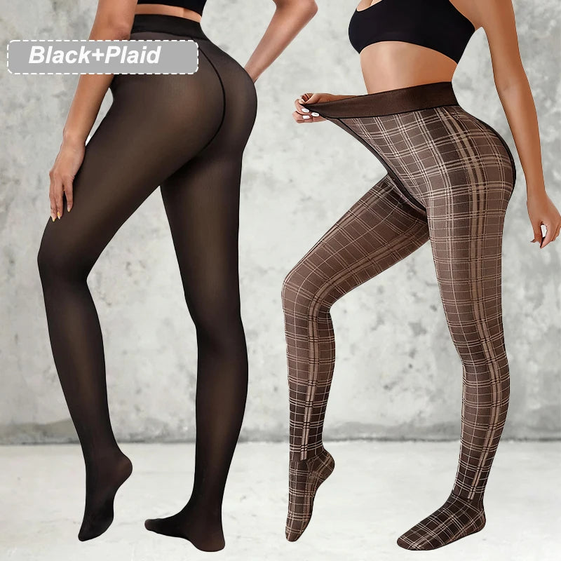 Leggings pour femmes Jungle Line en polaire doublée, motifs léopard et papillon, tights noirs translucides sans couture.