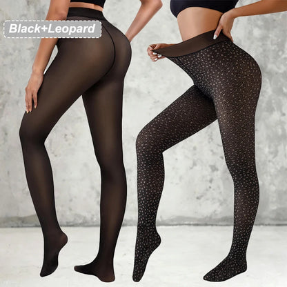 Deux paquets de leggings femme en polaire Jungle Line, résille noire translucide, motif papillon léopard jacquard, sans couture.