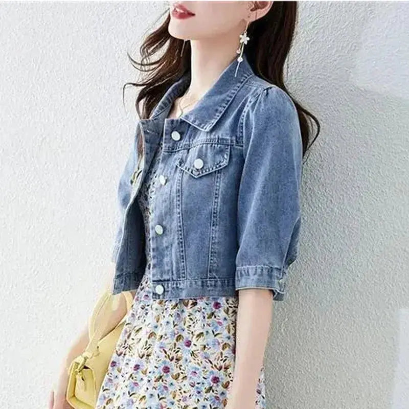 Vintage Crops Trendy Turn Down Collar Jackets Women Basic Solid Outwear Half Sleeve Denim Fit Harajuku Street Denim Jacket Women - Jungle Line