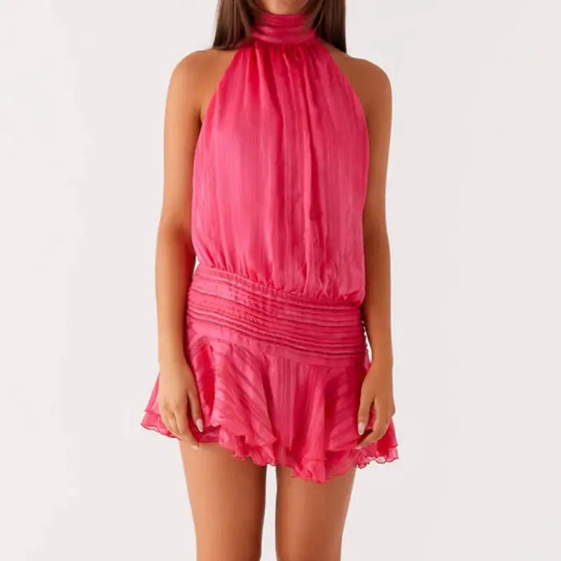 Women Sexy Halter Ruffles Mini Dress Lace Up Backless Beach Party Dresses Summer Fashion Vacation Lady Cocktail Vestidos - Jungle Line