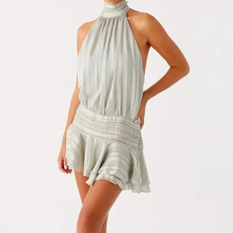 Women Sexy Halter Ruffles Mini Dress Lace Up Backless Beach Party Dresses Summer Fashion Vacation Lady Cocktail Vestidos - Jungle Line