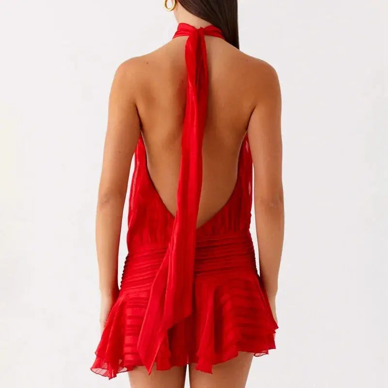 Women Sexy Halter Ruffles Mini Dress Lace Up Backless Beach Party Dresses Summer Fashion Vacation Lady Cocktail Vestidos - Jungle Line
