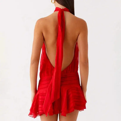 Women Sexy Halter Ruffles Mini Dress Lace Up Backless Beach Party Dresses Summer Fashion Vacation Lady Cocktail Vestidos - Jungle Line
