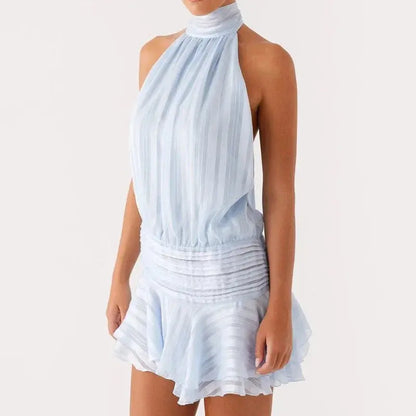 Robe courte femme Jungle Line, sexy halter avec volants, dos nu, idéale pour plage, fête ou vacances d'été.