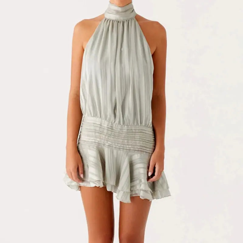 Robe courte sexy pour femme Jungle Line, halter avec volants, dos nu lacé, idéale pour plage, fête ou vacances d'été.