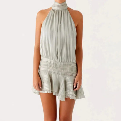 Robe courte sexy pour femme Jungle Line, halter avec volants, dos nu lacé, idéale pour plage, fête ou vacances d'été.