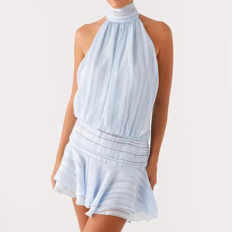 Robe mini sexy pour femmes Jungle Line, style halter avec volants, dos nu, idéale pour plage, fête ou vacances d'été.