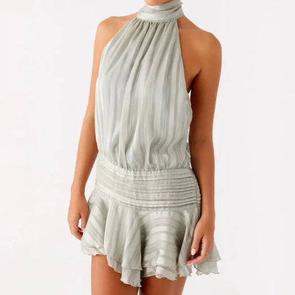 Robe courte sexy pour femme Jungle Line, halter avec volants, dos nu, idéale pour plage, fête ou vacances d'été.