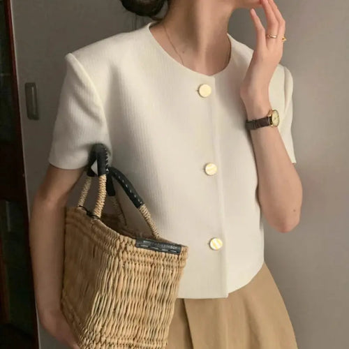 Jungle Line women's spring summer short sleeve elegant jacket with O-neck, single breasted design, solid blue outwear for women.