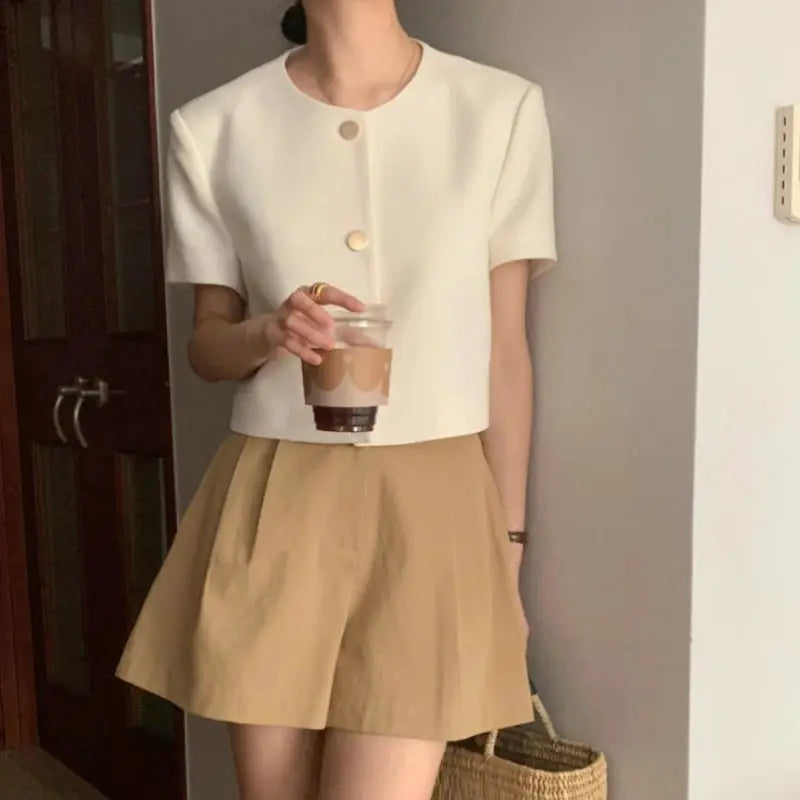 Jungle Line women's spring summer jacket, short sleeve, solid blue, O-neck, single-breasted, elegant outwear for women.
