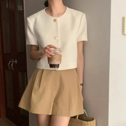 Jungle Line women's spring summer jacket, short sleeve, solid blue, O-neck, single-breasted, elegant outwear for women.