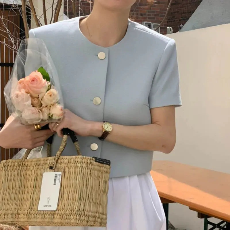 Jungle Line women's spring summer elegant short sleeve jacket with O-neck, single-breasted design, solid blue outwear for women.