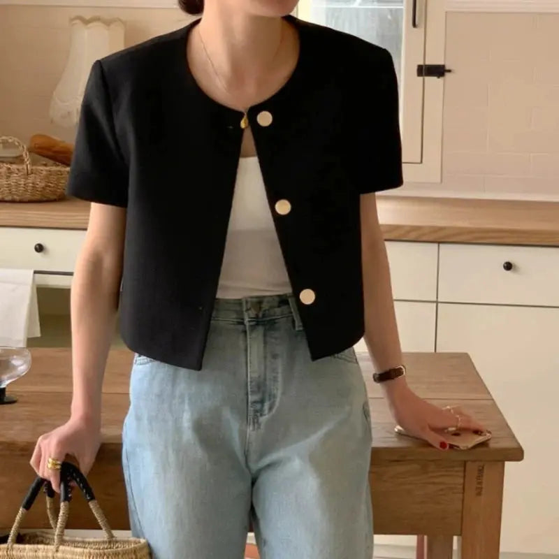 Jungle Line blue women's spring-summer jacket, short sleeve, O-neck, single-breasted, solid outwear for elegant casual wear.