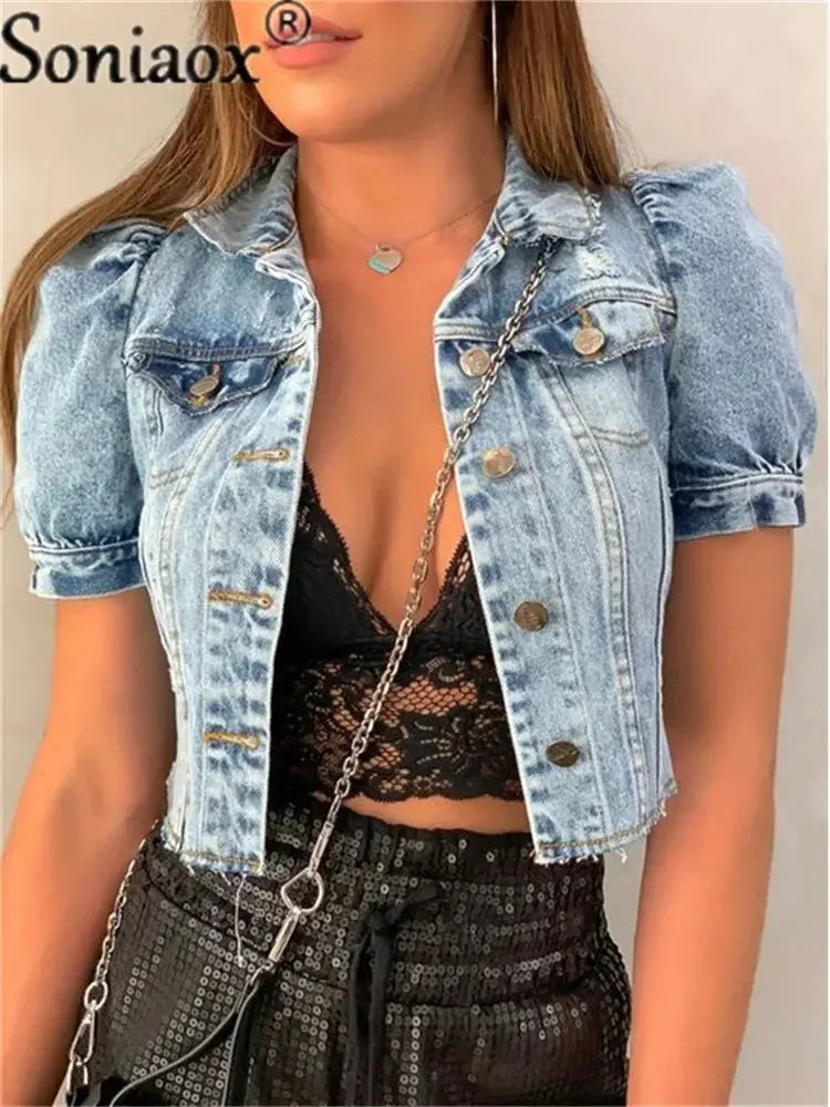 2022 Fashion Women Streetwear Jean Coat Cropped Outerwear Jacket Female Tops Single Breasted Ripped Short Sleeve Denim Jackets - Jungle Line