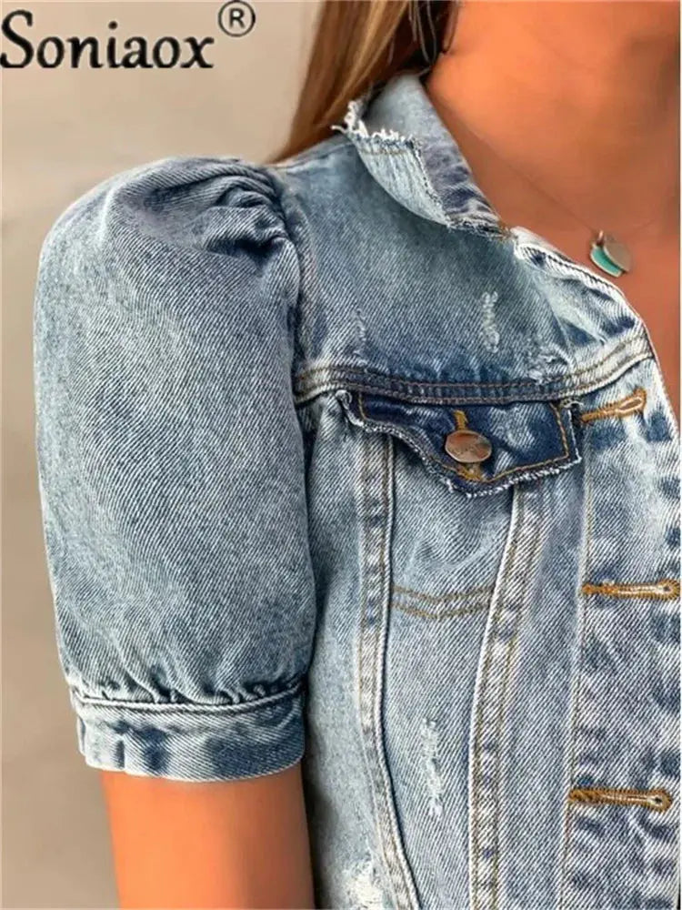 2022 Fashion Women Streetwear Jean Coat Cropped Outerwear Jacket Female Tops Single Breasted Ripped Short Sleeve Denim Jackets - Jungle Line