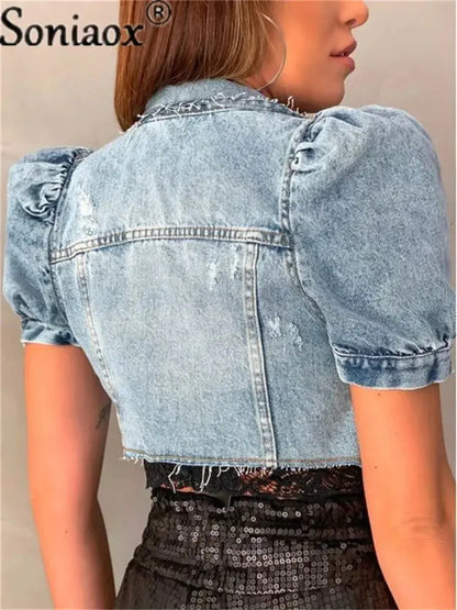 2022 Fashion Women Streetwear Jean Coat Cropped Outerwear Jacket Female Tops Single Breasted Ripped Short Sleeve Denim Jackets - Jungle Line
