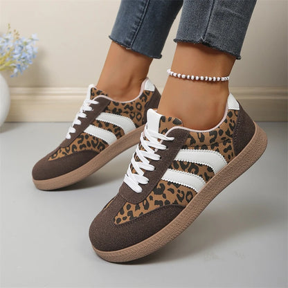Brown leopard print casual sneakers for women by Jungle Line, lightweight, non-slip, comfortable sport shoes with retro design.