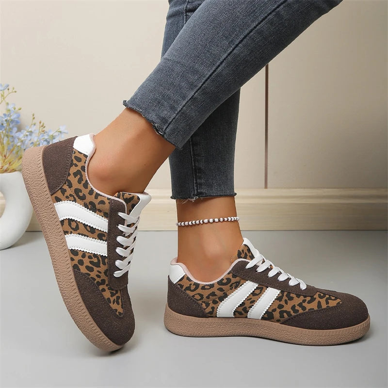 Brown Leopard Fashion Casual Sneakers for Women by Jungle Line, lightweight, non-slip sport shoes with retro design and comfortable fit.