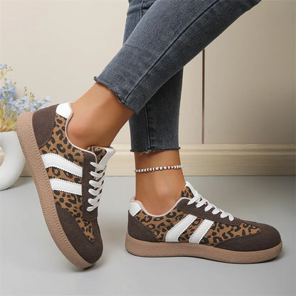 Brown Leopard Fashion Casual Sneakers for Women by Jungle Line, lightweight, non-slip sport shoes with retro design and comfortable fit.