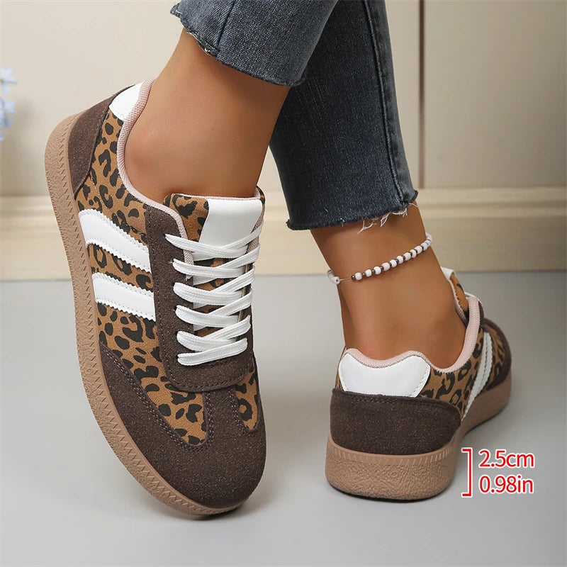 Light brown Jungle Line women's casual sneakers with leopard print, lightweight, non-slip, comfortable sport shoes for women.