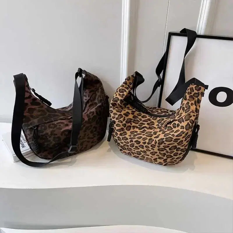 Leopard print corduroy crossbody bag for women by Jungle Line, with adjustable strap and brown color, measuring 36cm x 21cm x 7cm.