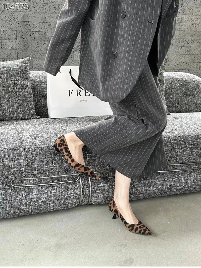 Brown Leopard Pumps by Jungle Line featuring pointed toe slip-on design, vintage style, perfect for office or casual wear.