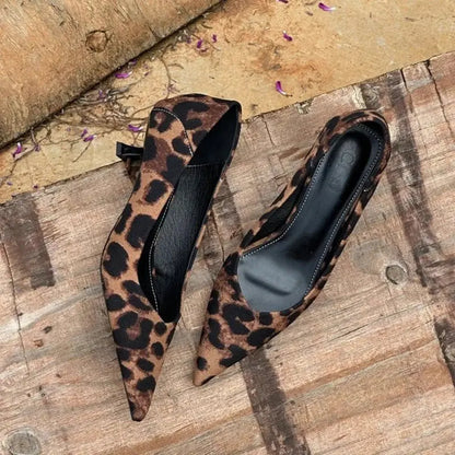Brown Leopard Pumps by Jungle Line, vintage women's slip-on shoes with pointed toes for office and casual wear.