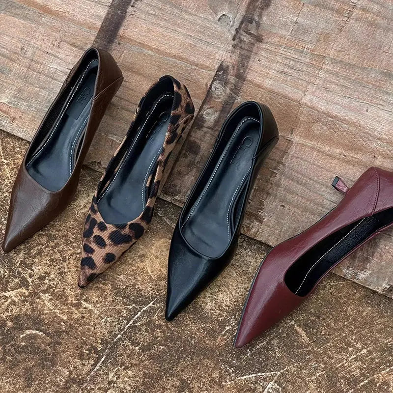 Brown Jungle Line vintage women's leopard pumps with pointed toe slip-on design, perfect for office or casual wear.
