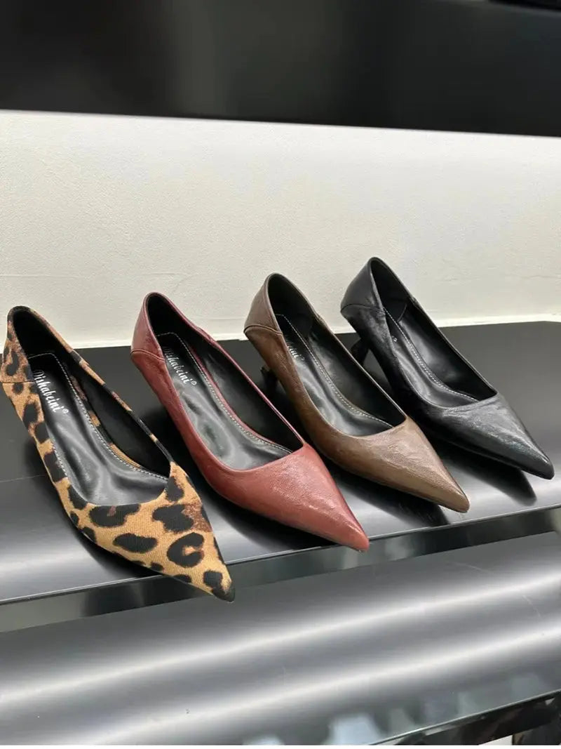 Brown leopard-print women's pumps by Jungle Line featuring pointed toe slip-on design, perfect for office and casual wear.