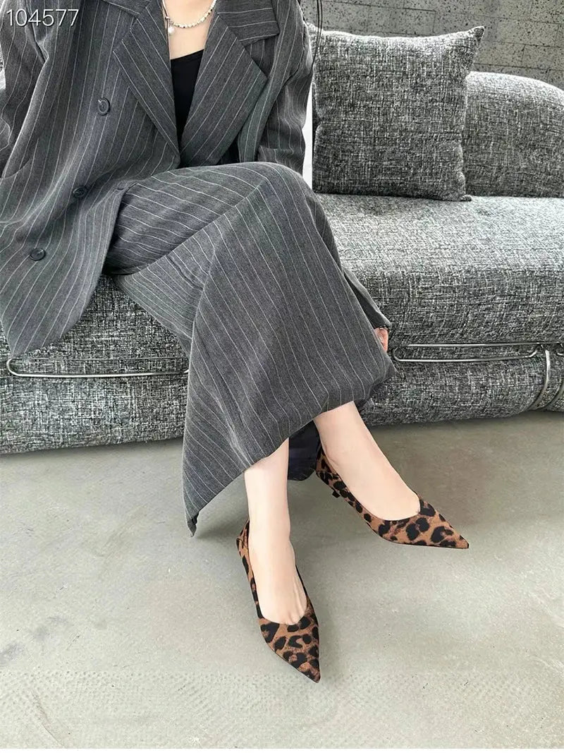 Brown leopard print women's pumps by Jungle Line, pointed toe slip-on shoes ideal for office and casual spring wear.