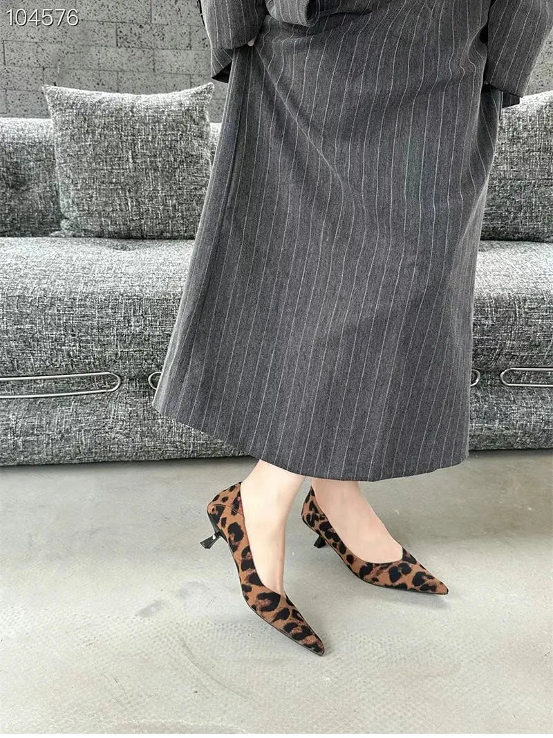 Brown Jungle Line vintage women's leopard pumps with pointed toe, slip-on design, perfect for office or casual wear.