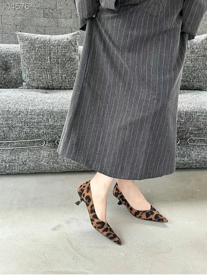 Brown Jungle Line vintage women's leopard pumps with pointed toe, slip-on design, perfect for office or casual wear.