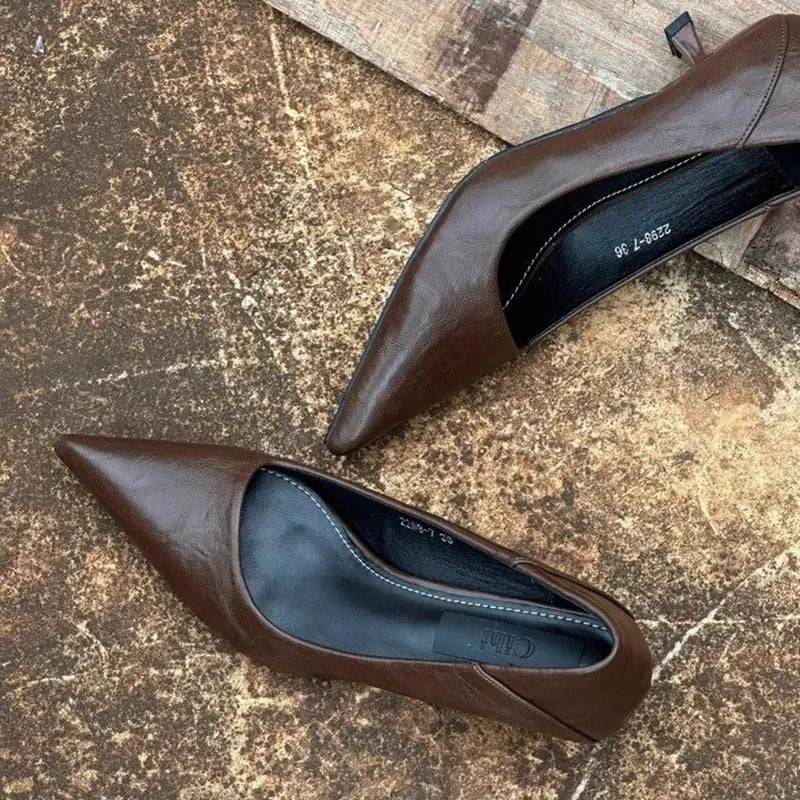 Brown Leopard Pumps for women by Jungle Line, vintage style with pointed toe and slip-on design, perfect for office or casual wear.