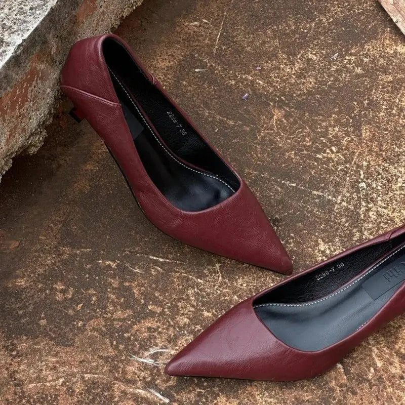 Brown Jungle Line vintage women’s leopard pumps with pointed toe slip-on design, stylish office lady shoes for spring 2025.