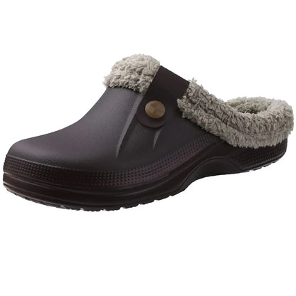 Brown Jungle Line men's casual garden shoes with warm, fluffy lining and slip-on design, suitable for indoor and outdoor wear.
