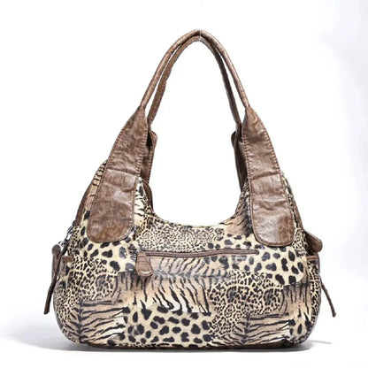 Angelkiss leopard print women's shoulder bag with top handle, large tote style, from Jungle Line, featuring a fashionable satchel design.