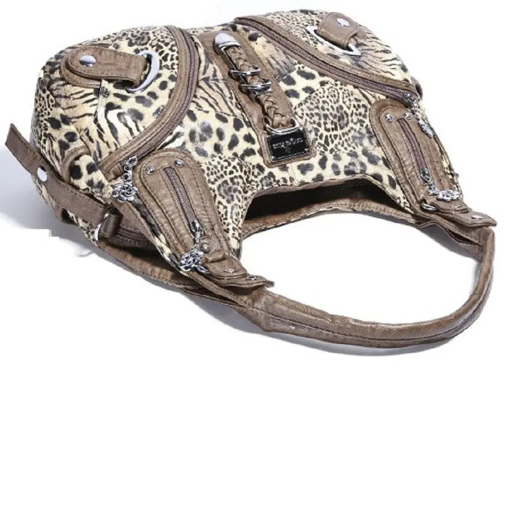 Angelkiss leopard print shoulder handbag by Jungle Line, large tote with top handle, stylish satchel and hobo design.