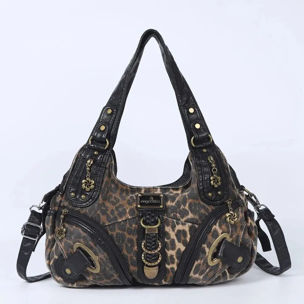 Angelkiss Leopard Shoulder Bag by Jungle Line, brown faux leather, top-handle satchel with large hobo tote style.