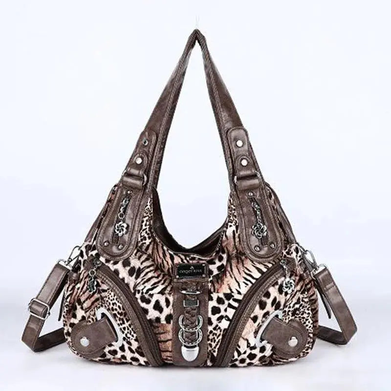 Angelkiss leopard print women's shoulder handbag with top handle, satchel style, large tote, and hobo design by Jungle Line.