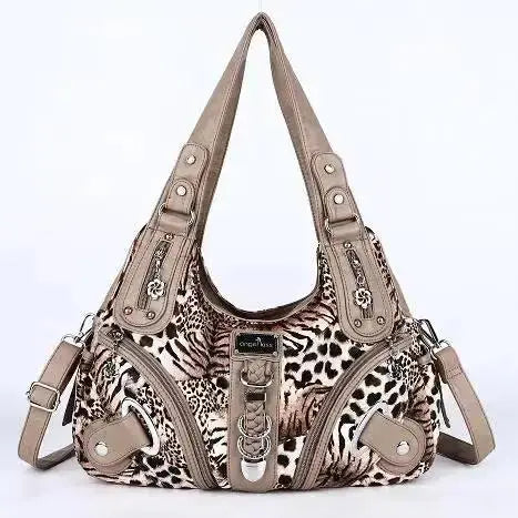 Angelkiss Leopard Shoulder Handbag by Jungle Line, large tote with top handle, stylish satchel design, and spacious interior.