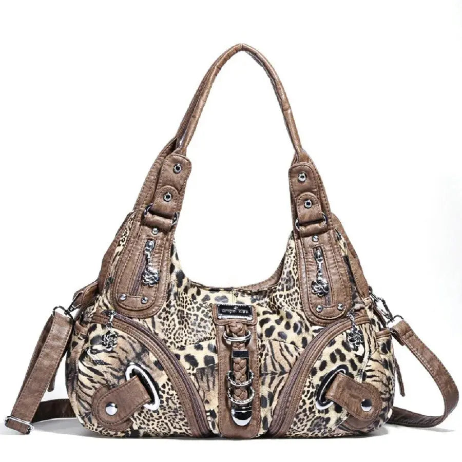 Angelkiss Leopard Women’s Shoulder Bag by Jungle Line featuring top handle, satchel style, large tote design, and hobo shape.