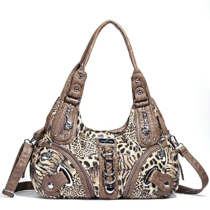 Angelkiss Leopard Women’s Shoulder Bag by Jungle Line featuring top handle, satchel style, large tote design, and hobo shape.