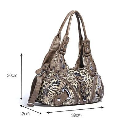 Angelkiss Leopard Shoulder Bag by Jungle Line, large top-handle satchel with dumpling-style design and tote features.