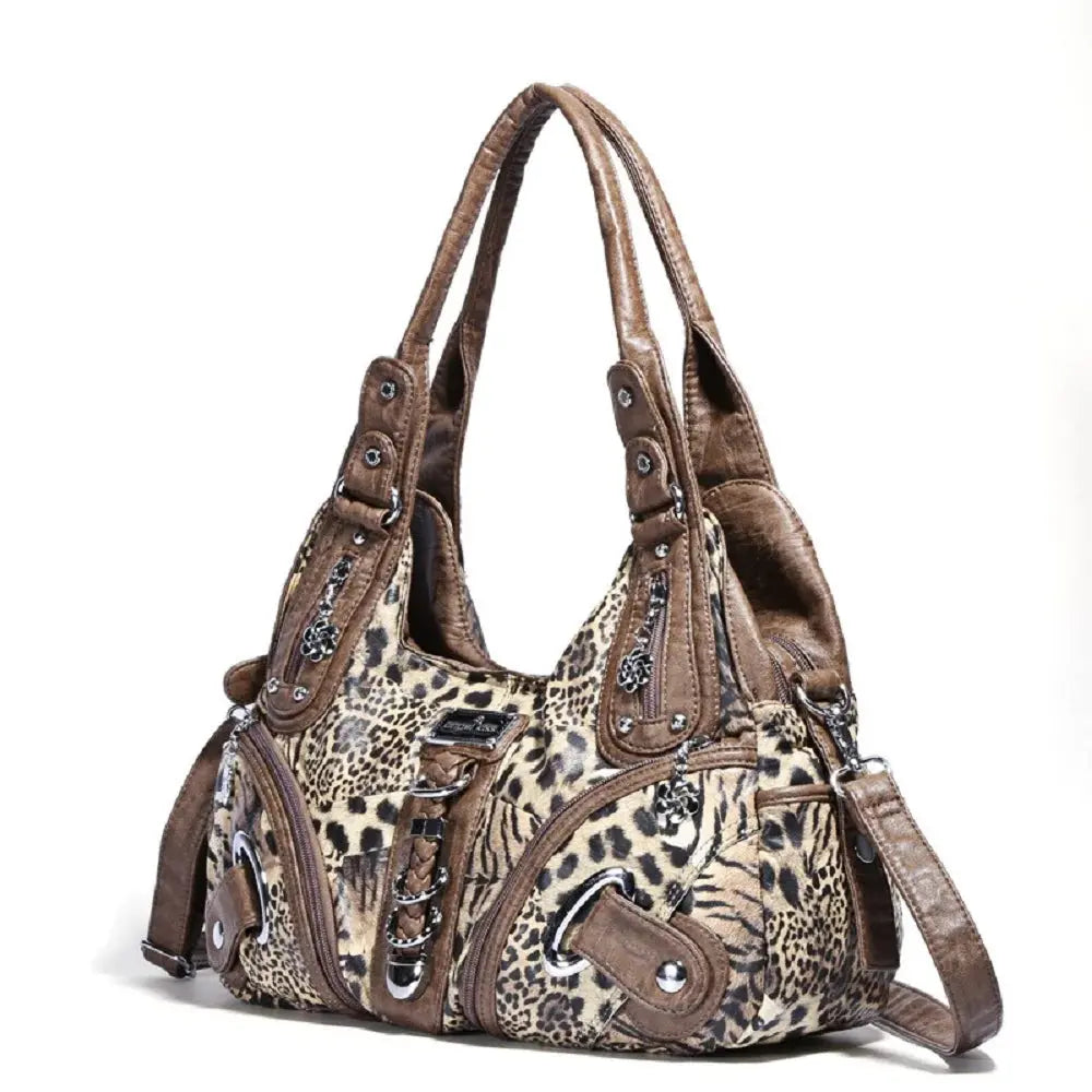 Angelkiss leopard print women's shoulder handbag with top handle, satchel style, large tote, and hobo design in brown.