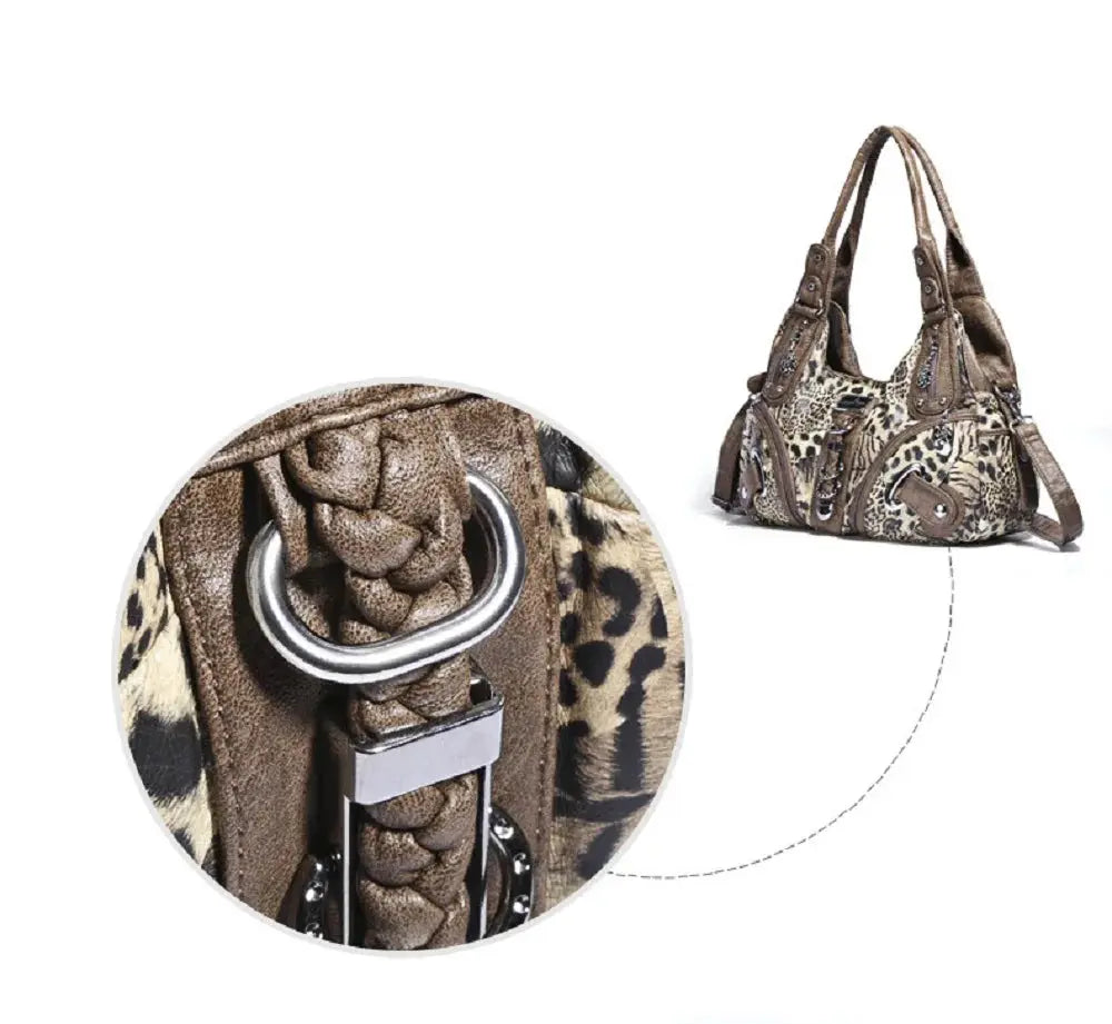 Angelkiss women’s leopard print shoulder bag with top handle, large tote style, from Jungle Line, featuring a stylish and spacious design.