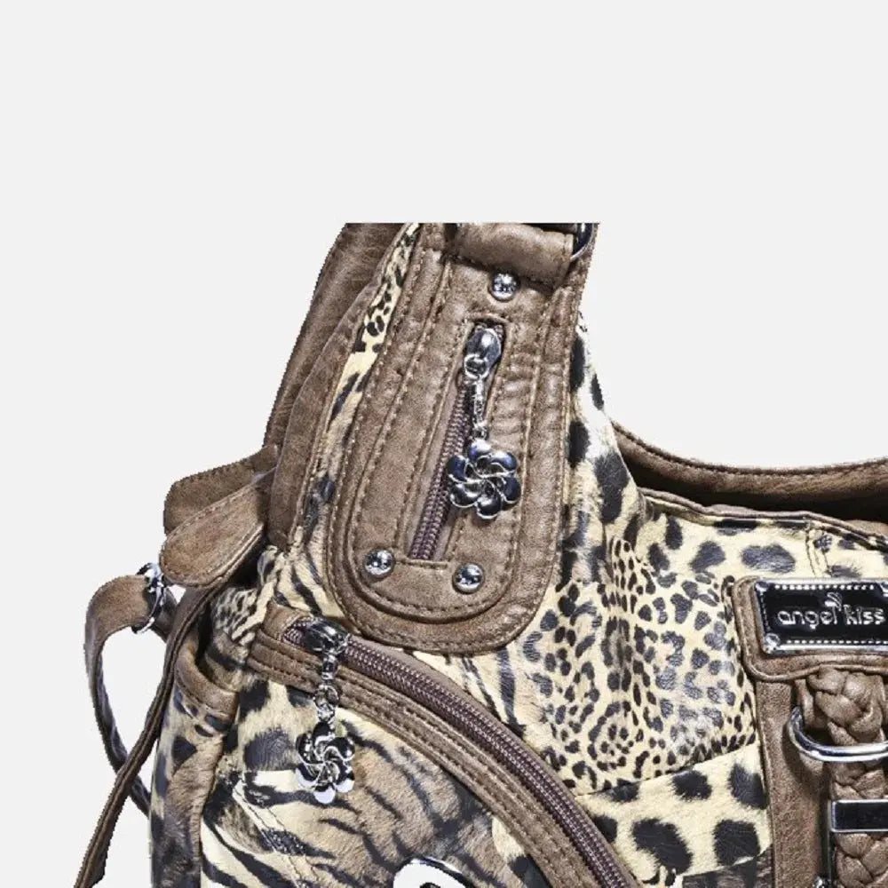 Angelkiss leopard print women’s shoulder handbag with top handle, satchel style, large tote design, by Jungle Line.