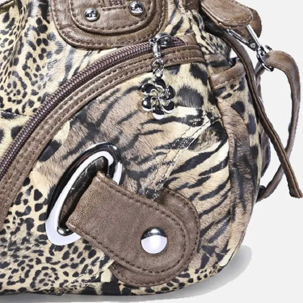 Angelkiss women’s leopard print shoulder bag with top handle, versatile satchel and tote design, large hobo-style purse by Jungle Line.