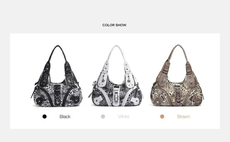 Angelkiss Leopard Shoulder Bag by Jungle Line, brown faux leather with top handle, spacious tote style, large purse design.