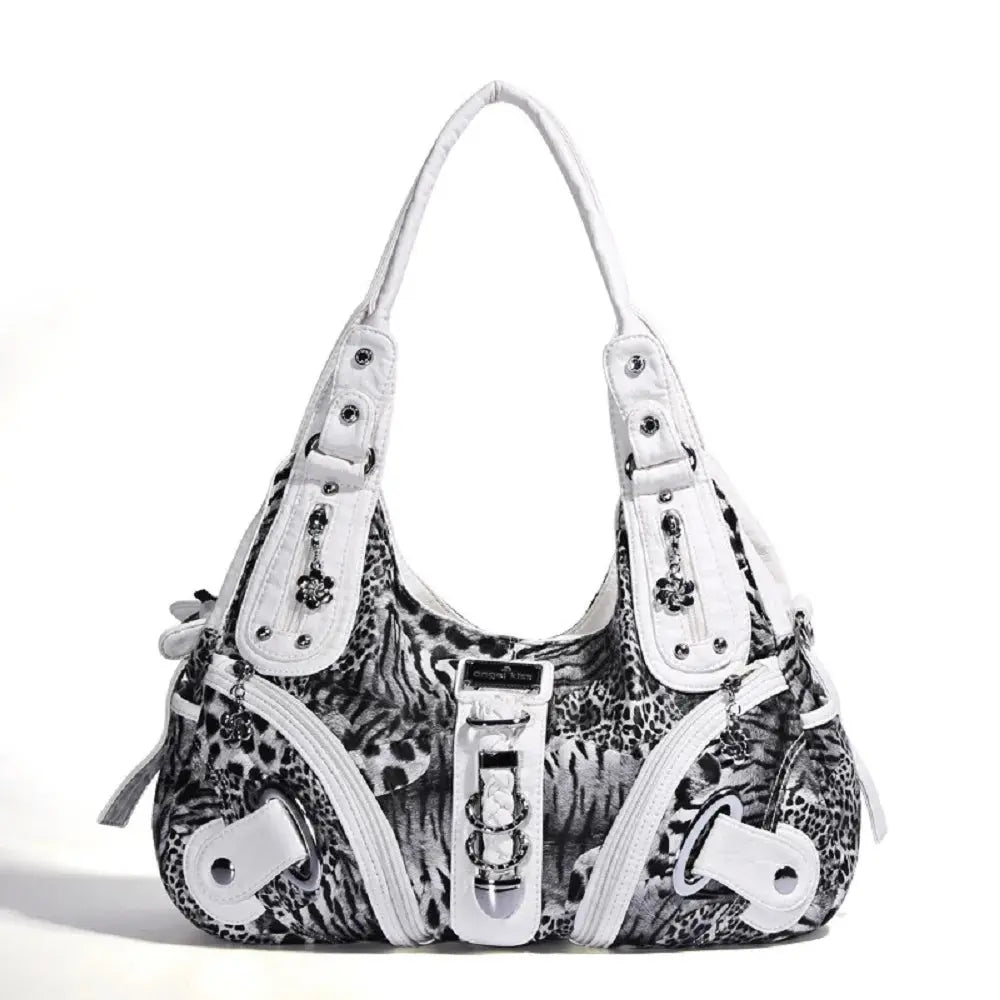 Angelkiss leopard print women's shoulder handbag with top handle, large tote style, featuring a fashionable satchel and dumpling design.
