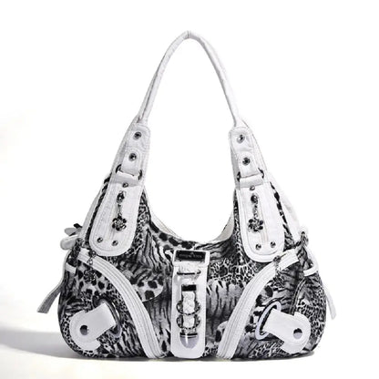 Angelkiss leopard print women's shoulder handbag with top handle, large tote style, featuring a fashionable satchel and dumpling design.